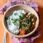 Curry rouge de poulet, aubergine et kale